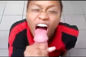 This swarthy floozy in glasses sucks my large cock like insane