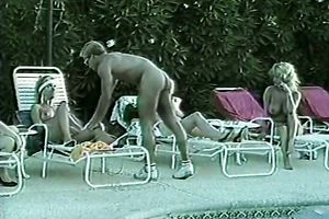 Four lascivious doxies and one fortunate bastard having an outdoor sex