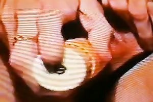 A lustful doxy pulls her strap aside and toys her bald bawdy cleft