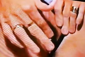 A lustful doxy pulls her strap aside and toys her bald bawdy cleft