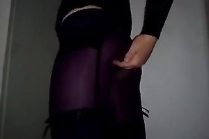Filthy bitch in sexy nylons shows off her wet wazoo
