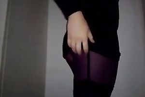 Filthy bitch in sexy nylons shows off her wet wazoo
