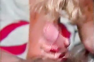 Appetizing blonde head rides her guy and swallows his cock juice