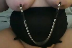 My bulky black cock sluts fingers her muff during the time that having clamps on her nipps
