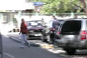 Salacious golden-haired Irina pees her panties in the sreet