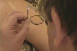 Redhead doxy Gina gives a rimjob to an old bulky nerd