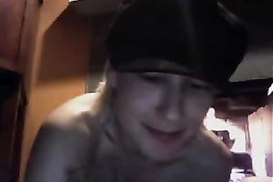 Smiling small golden-haired legal age teenager fucked herself with a bottle