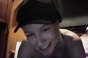 Smiling small golden-haired legal age teenager fucked herself with a bottle