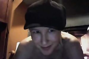 Smiling small golden-haired legal age teenager fucked herself with a bottle