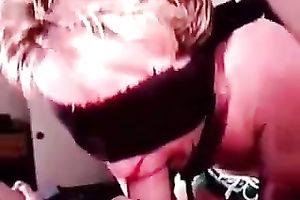 My blindfolded hotwife with tiny milk sacks gives me head on a leash