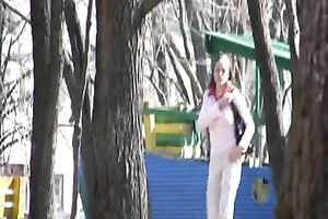 Russian brunette hair slutwife in the park makes her pants moist