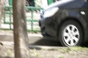 Russian brunette hair slutwife in the park makes her pants moist