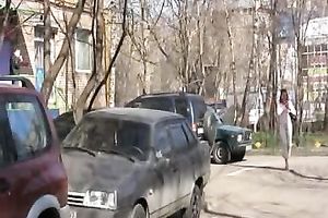 Russian brunette hair slutwife in the park makes her pants moist