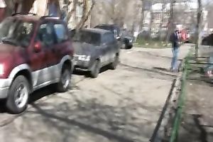 Russian brunette hair slutwife in the park makes her pants moist