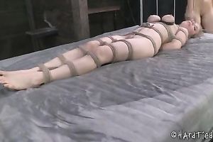 Bounded golden-haired housewife cannot move and acquires her snatch toyed