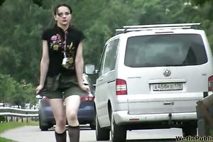 Nasty brunette hair Elizabeth soaks her shorts in a public place