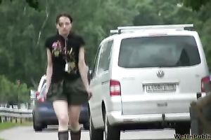 Nasty brunette hair Elizabeth soaks her shorts in a public place