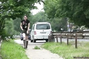 Nasty brunette hair Elizabeth soaks her shorts in a public place