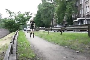 Nasty brunette hair Elizabeth soaks her shorts in a public place