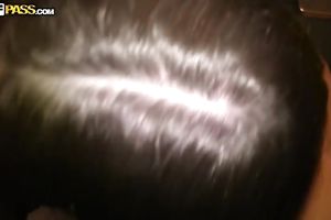 Petite dark brown girlfriend with diminutive mouth tries to engulf a giant jock