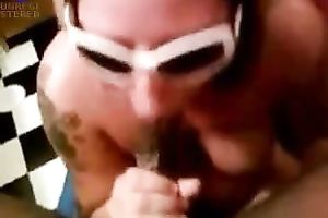 Chubby dark brown in sunglasses sucks my dark weiner POV style