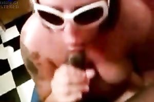 Chubby dark brown in sunglasses sucks my dark weiner POV style