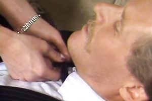 Slutty and perverted golden-haired hottie jerking off her friend's big knob