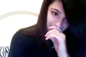 Busty dark brown legal age teenager licks and kneads her billibongs in hawt web camera solo