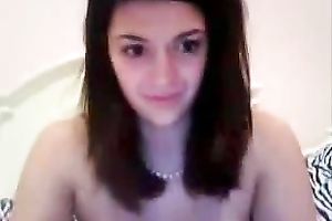 Busty dark brown legal age teenager licks and kneads her billibongs in hawt web camera solo