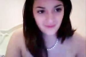 Busty dark brown legal age teenager licks and kneads her billibongs in hawt web camera solo