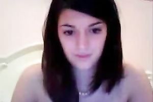 Busty dark brown legal age teenager licks and kneads her billibongs in hawt web camera solo