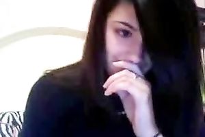 Busty dark brown legal age teenager licks and kneads her billibongs in hawt web camera solo