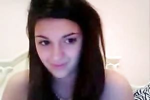 Busty dark brown legal age teenager licks and kneads her billibongs in hawt web camera solo