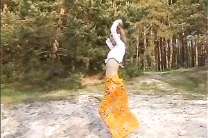 Skinny beauty with petite billibongs is going to swim in lake