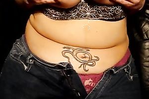 Chubby amateur playgirl shows off her tattooed bulky rolls and jiggles giant wobblers