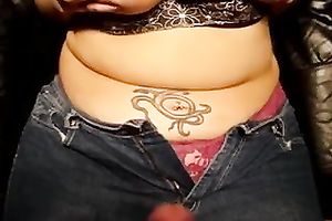 Chubby amateur playgirl shows off her tattooed bulky rolls and jiggles giant wobblers