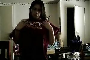 Chubby nerd flashes her large natural meatballs on webcam