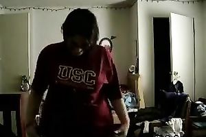 Chubby nerd flashes her large natural meatballs on webcam