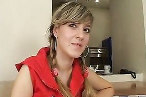 Pretty blond gal with pigtails disrobes and rubs her vagina