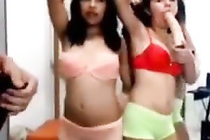 Playful college gals play with sex-toy and fuck their chaps in three-some