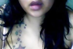 Tattooed legal age teenager fattie shows her holes and bra buddies in cam solo