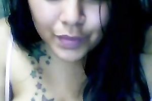 Tattooed legal age teenager fattie shows her holes and bra buddies in cam solo