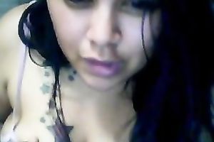 Tattooed legal age teenager fattie shows her holes and bra buddies in cam solo