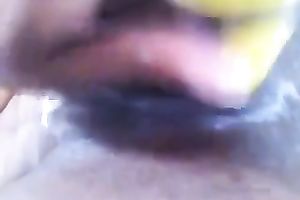 My lewd swarthy GF toys her moist bald pussy to agonorgasmos