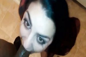 Good looking dark brown is engulfing my BBC on her knees